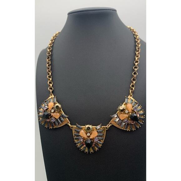 J Crew Statement Necklace Gold tone W Purple Navy & Peach Rhinestones - Picture 1 of 5